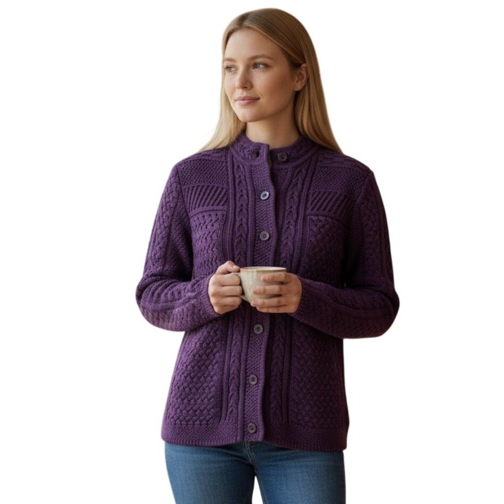 L.L. Bean‎ Women's Sweater Cable Knit Purple Button Front Collarless Cotton Med